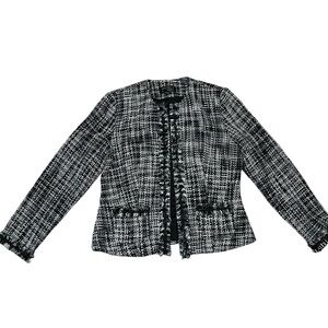 Spenser Jeremy M Blazer Black/White Tweed Shoulder Pad Fringe Detail